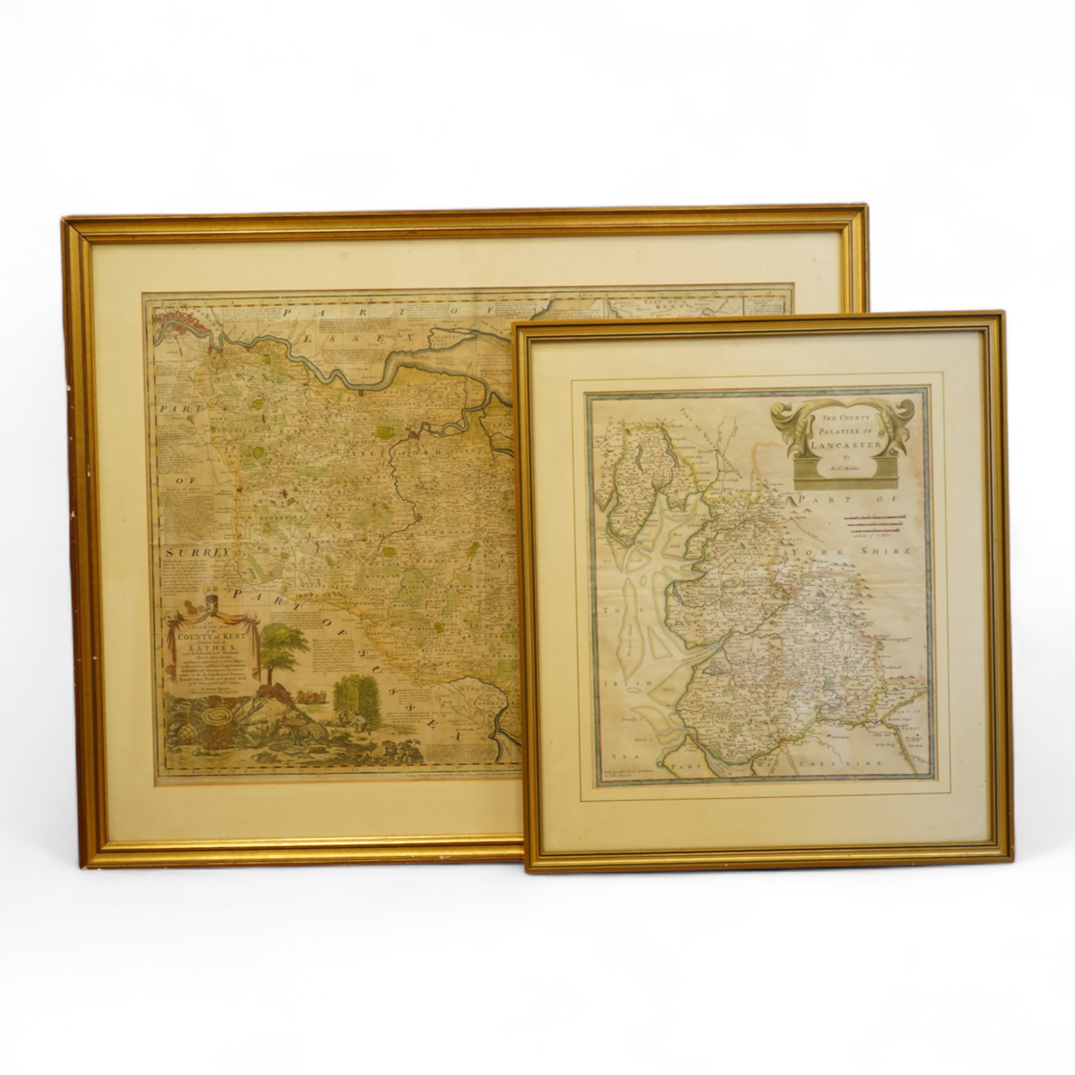 Emanuel Bowen (1694-1767), 'An accurate map of the County of Kent, divided into its lathes', hand coloured engraved map, printed for Laurie & Whittle, London, together with Robert Morden (c. 1650-1703), The County Palati